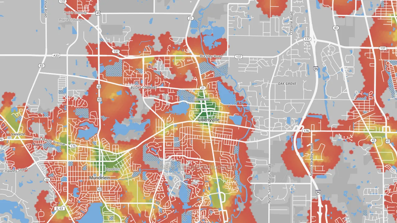 Walk Grade map of Libertyville, IL, walkable areas in green and car-dependent areas in red