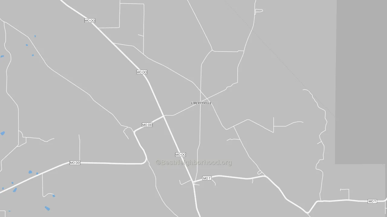 Walk Grade map of Libertyville, MO, walkable areas in green and car-dependent areas in red
