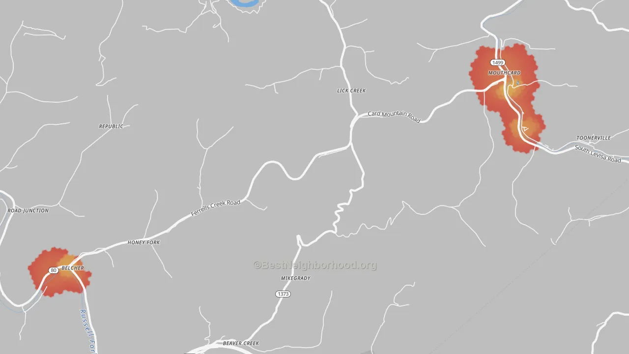 Walk Grade map of Lick Creek, KY, walkable areas in green and car-dependent areas in red