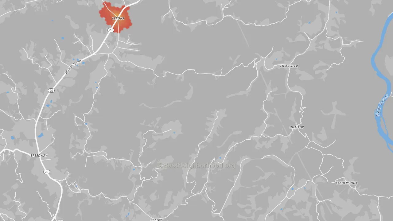 Walk Grade map of Lick Creek, WV, walkable areas in green and car-dependent areas in red