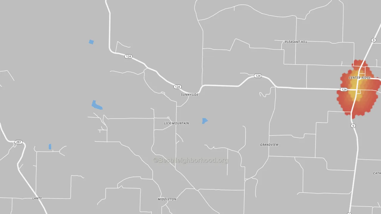 Walk Grade map of Lick Mountain, AR, walkable areas in green and car-dependent areas in red
