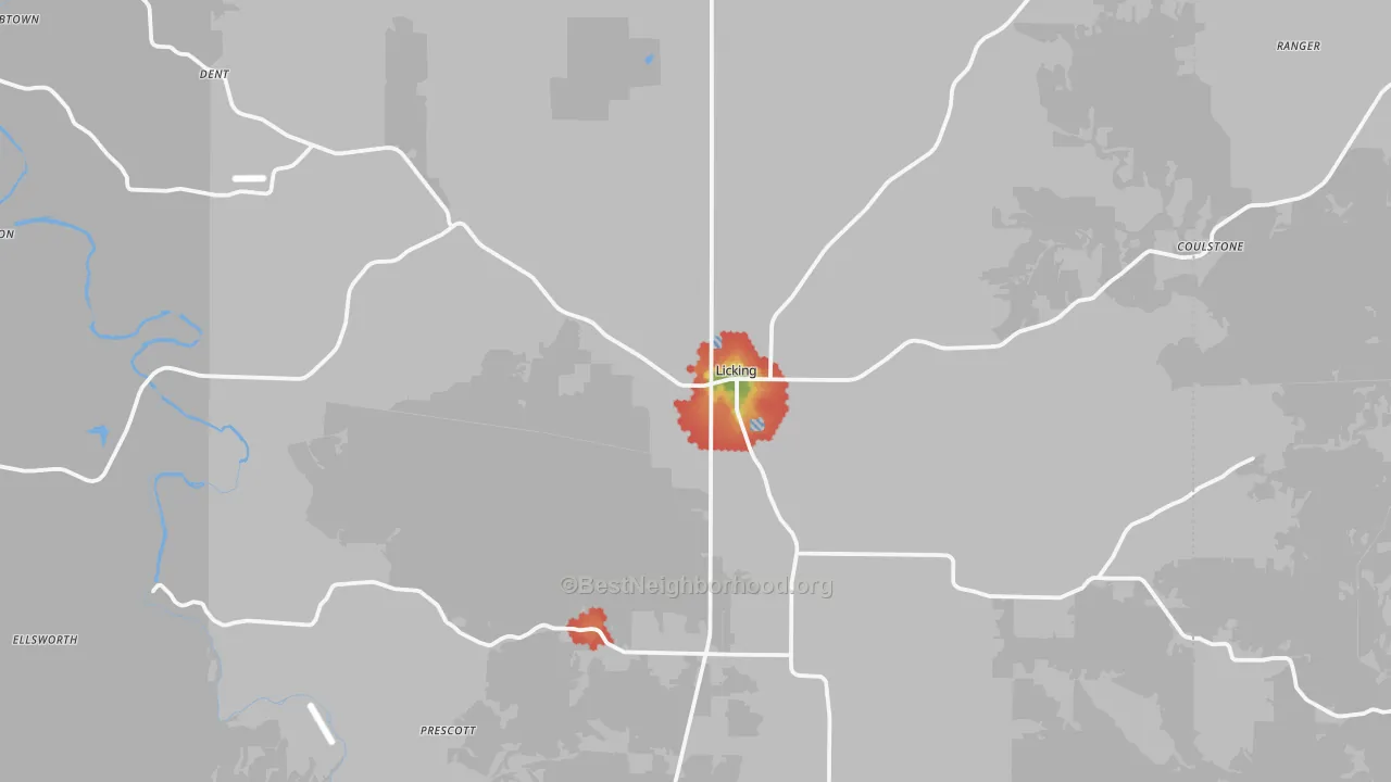 Walk Grade map of Licking, MO, walkable areas in green and car-dependent areas in red