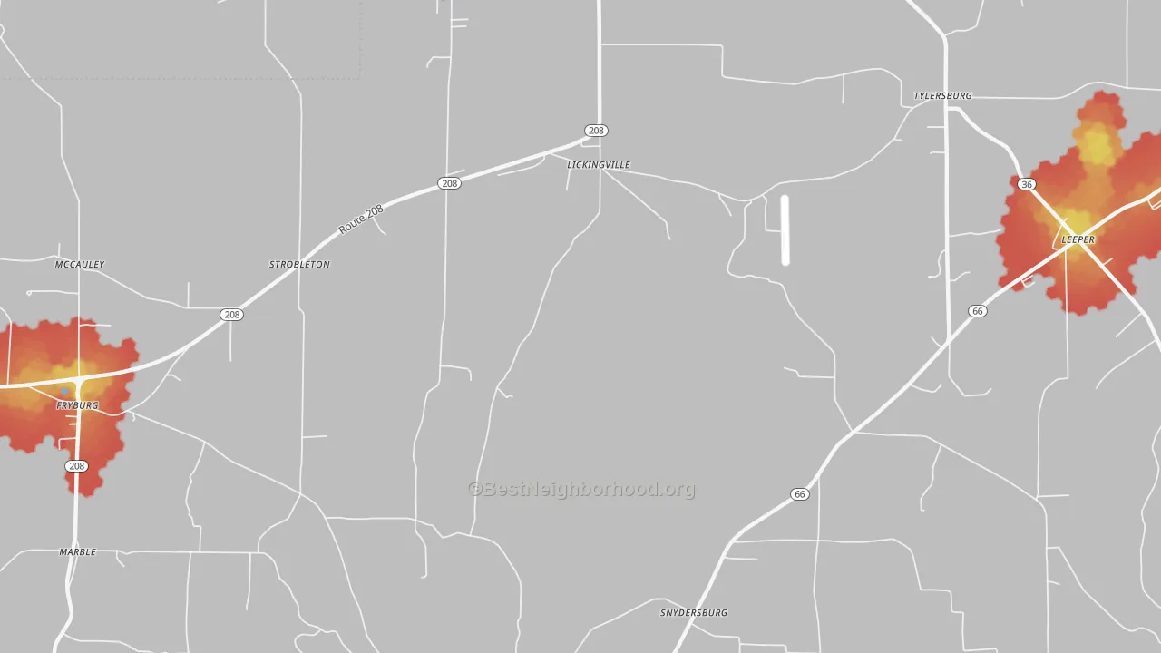 Walk Grade map of Lickingville, PA, walkable areas in green and car-dependent areas in red