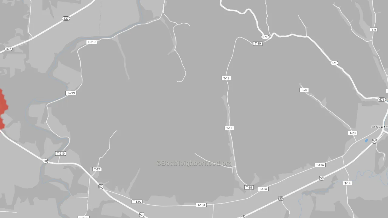 Walk Grade map of Lickskillet, OH, walkable areas in green and car-dependent areas in red