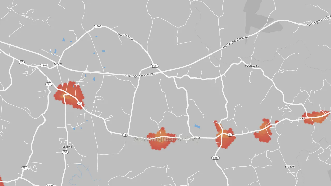 Walk Grade map of Lida, KY, walkable areas in green and car-dependent areas in red