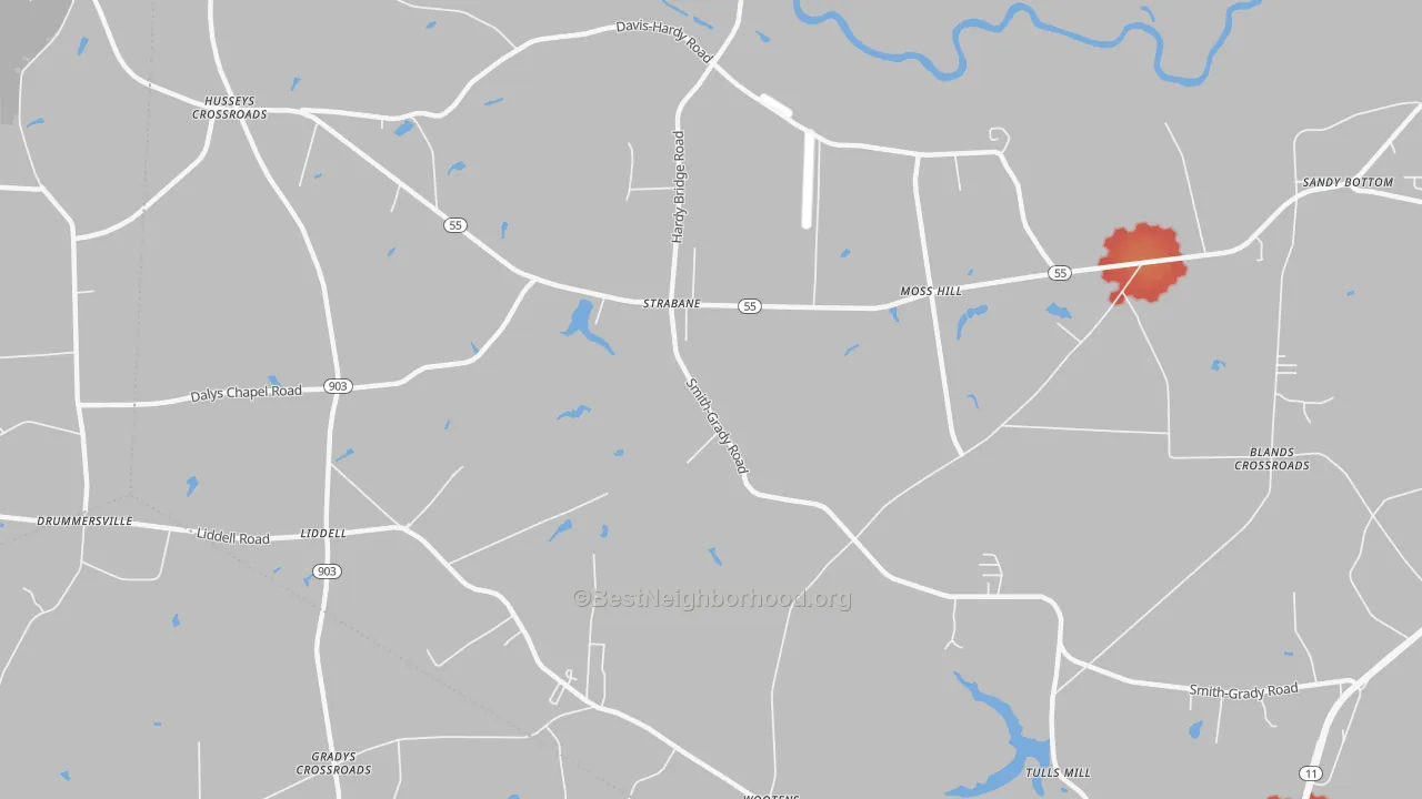 Walk Grade map of Liddell, NC, walkable areas in green and car-dependent areas in red