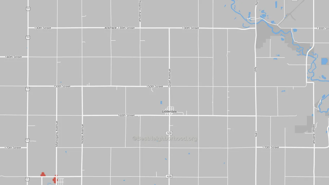 Walk Grade map of Lidderdale, IA, walkable areas in green and car-dependent areas in red