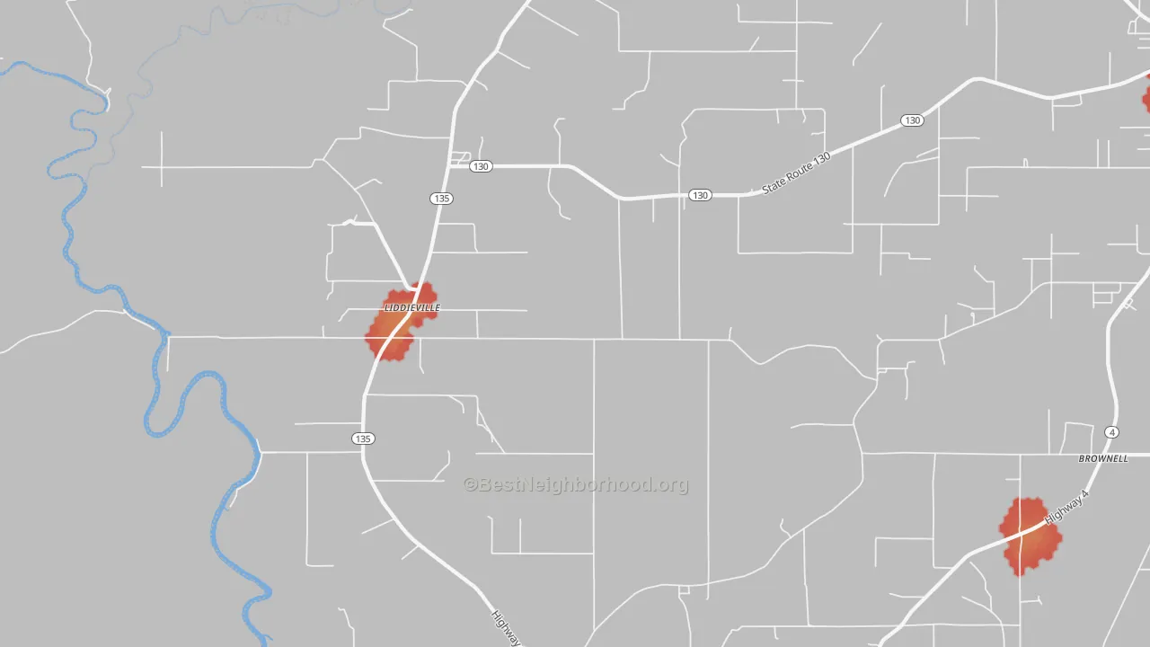Walk Grade map of Liddieville, LA, walkable areas in green and car-dependent areas in red