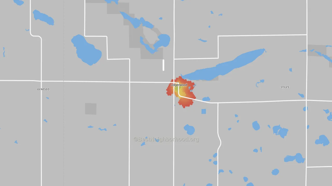 Walk Grade map of Lidgerwood, ND, walkable areas in green and car-dependent areas in red