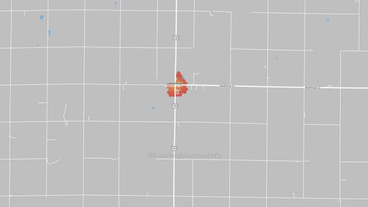 Walk Grade map of Liebenthal, KS, walkable areas in green and car-dependent areas in red