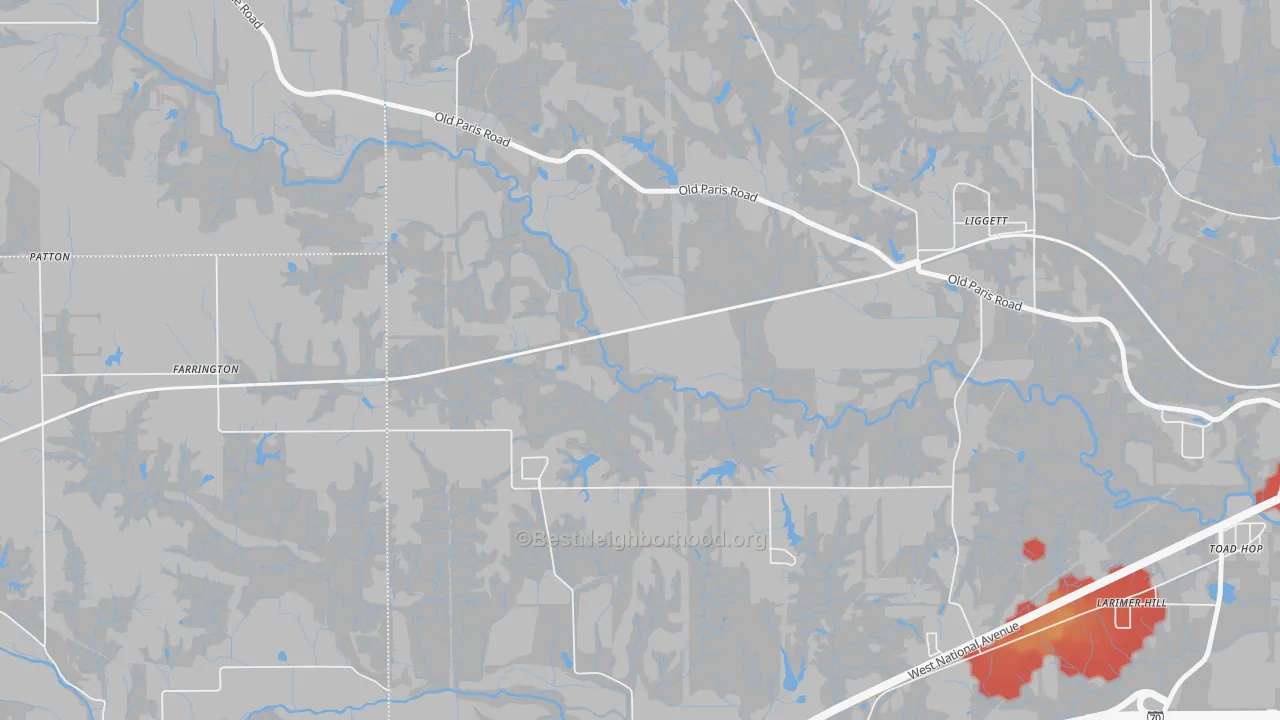 Walk Grade map of Liggett, IN, walkable areas in green and car-dependent areas in red