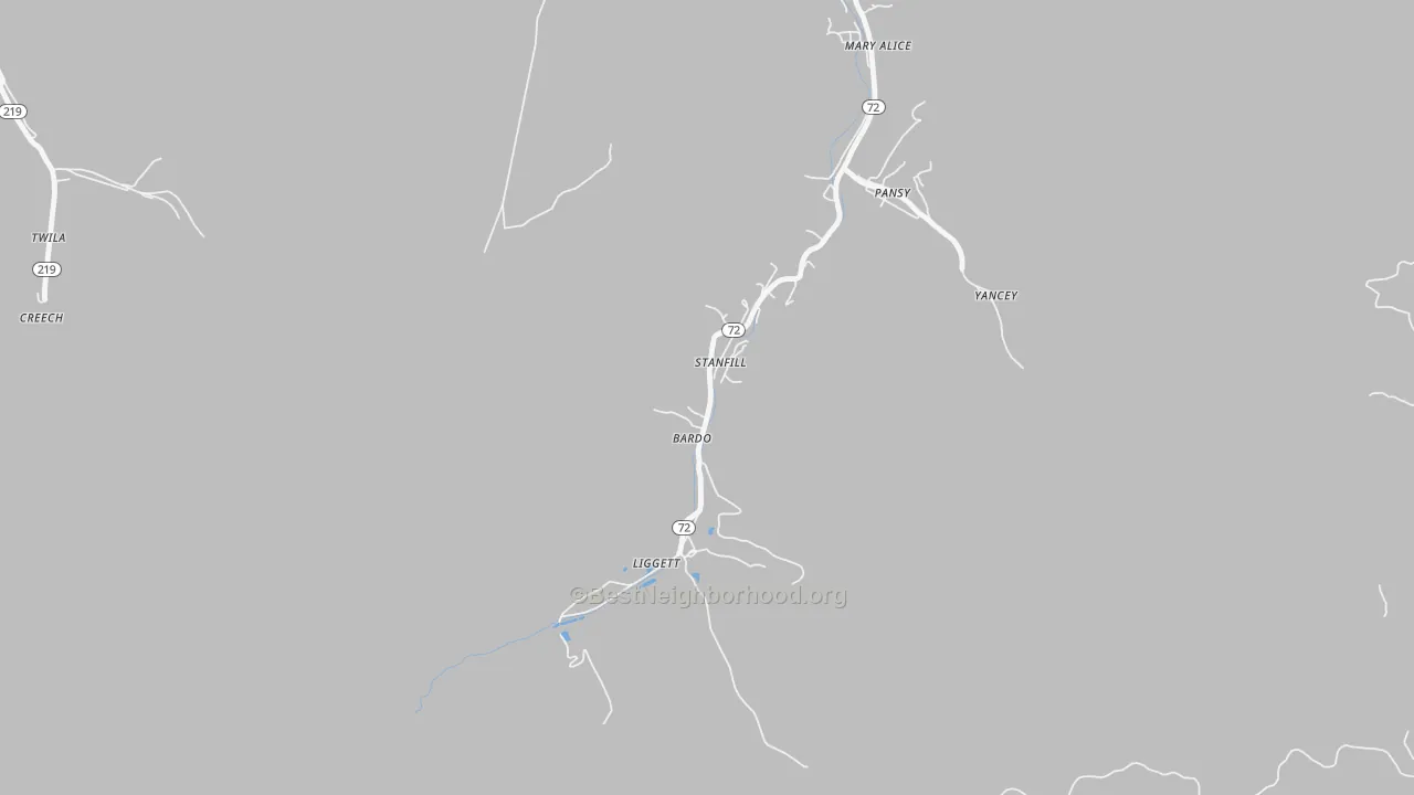 Walk Grade map of Liggett, KY, walkable areas in green and car-dependent areas in red