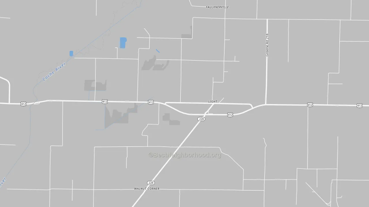 Walk Grade map of Light, AR, walkable areas in green and car-dependent areas in red