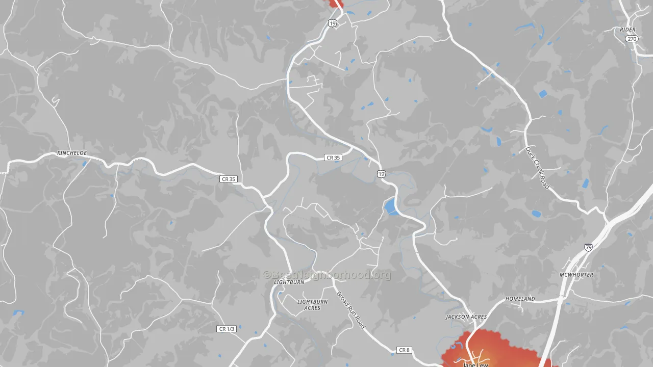 Walk Grade map of Lightburn, WV, walkable areas in green and car-dependent areas in red