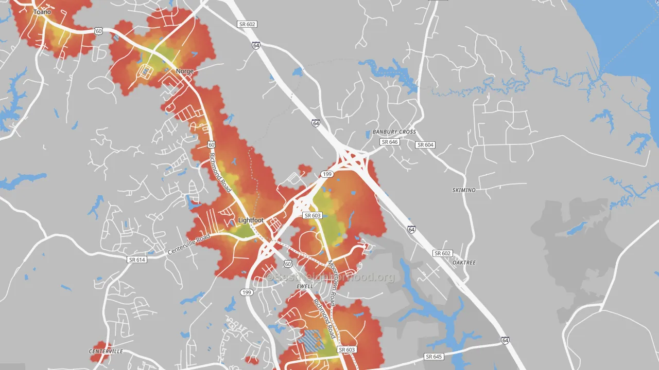 Walk Grade map of Lightfoot, VA, walkable areas in green and car-dependent areas in red