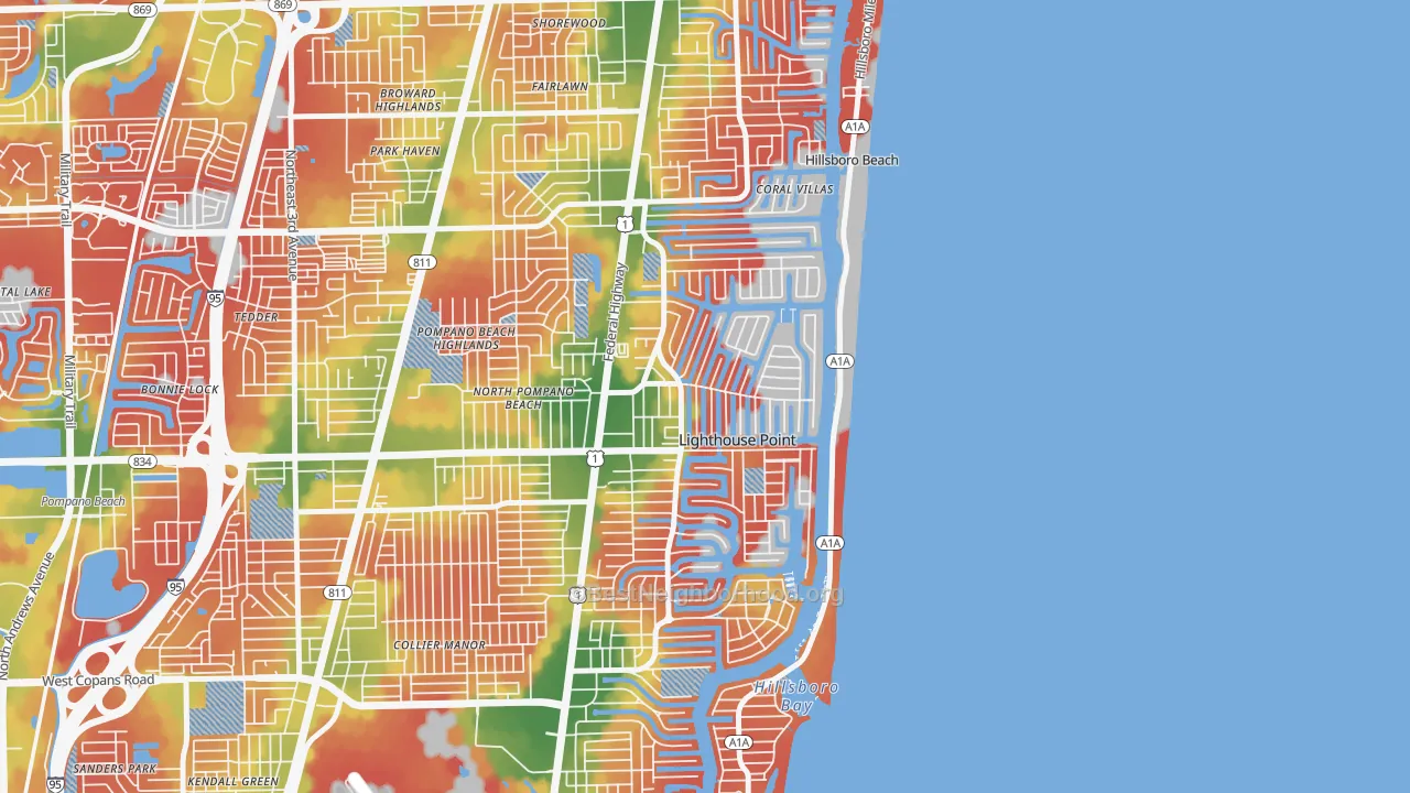 Walk Grade map of Lighthouse Point, FL, walkable areas in green and car-dependent areas in red