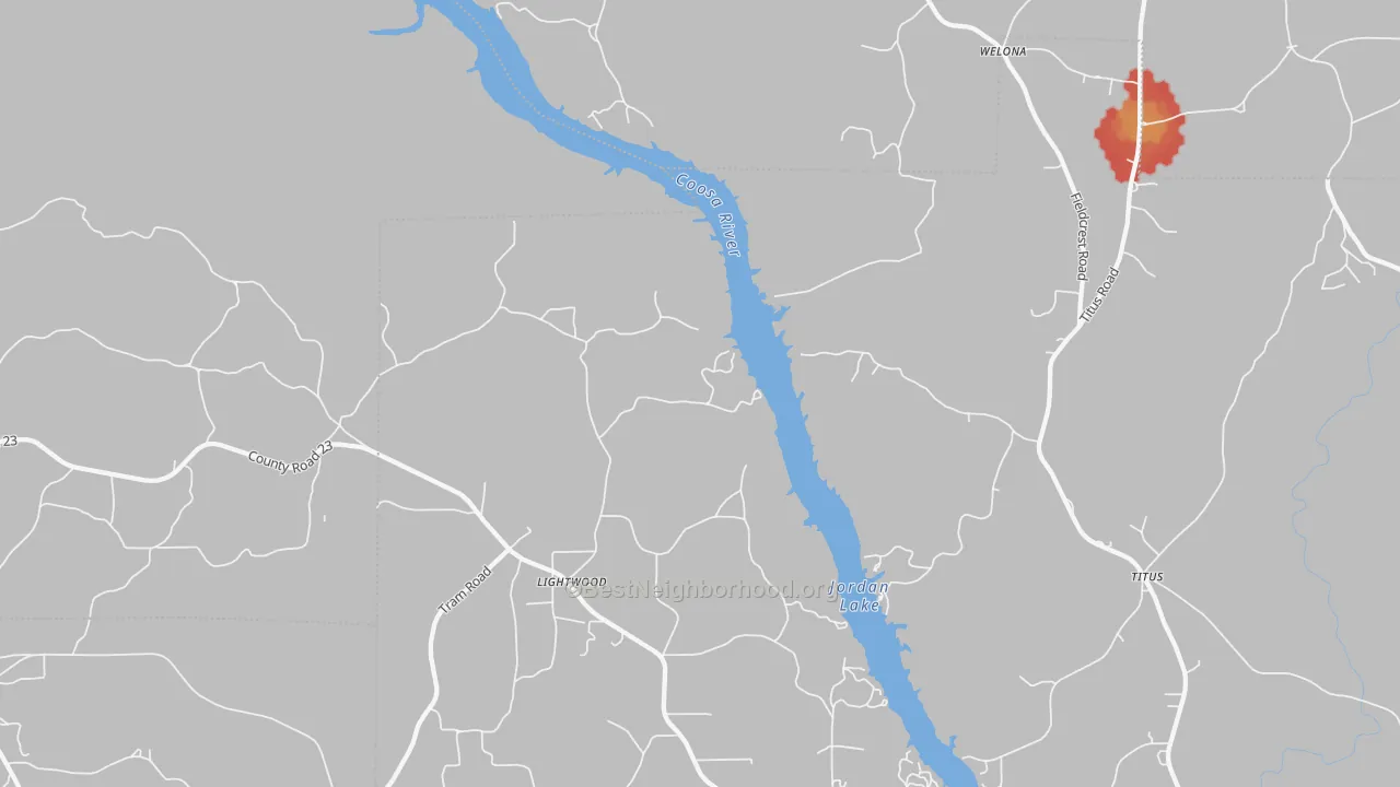 Walk Grade map of Lightwood, AL, walkable areas in green and car-dependent areas in red