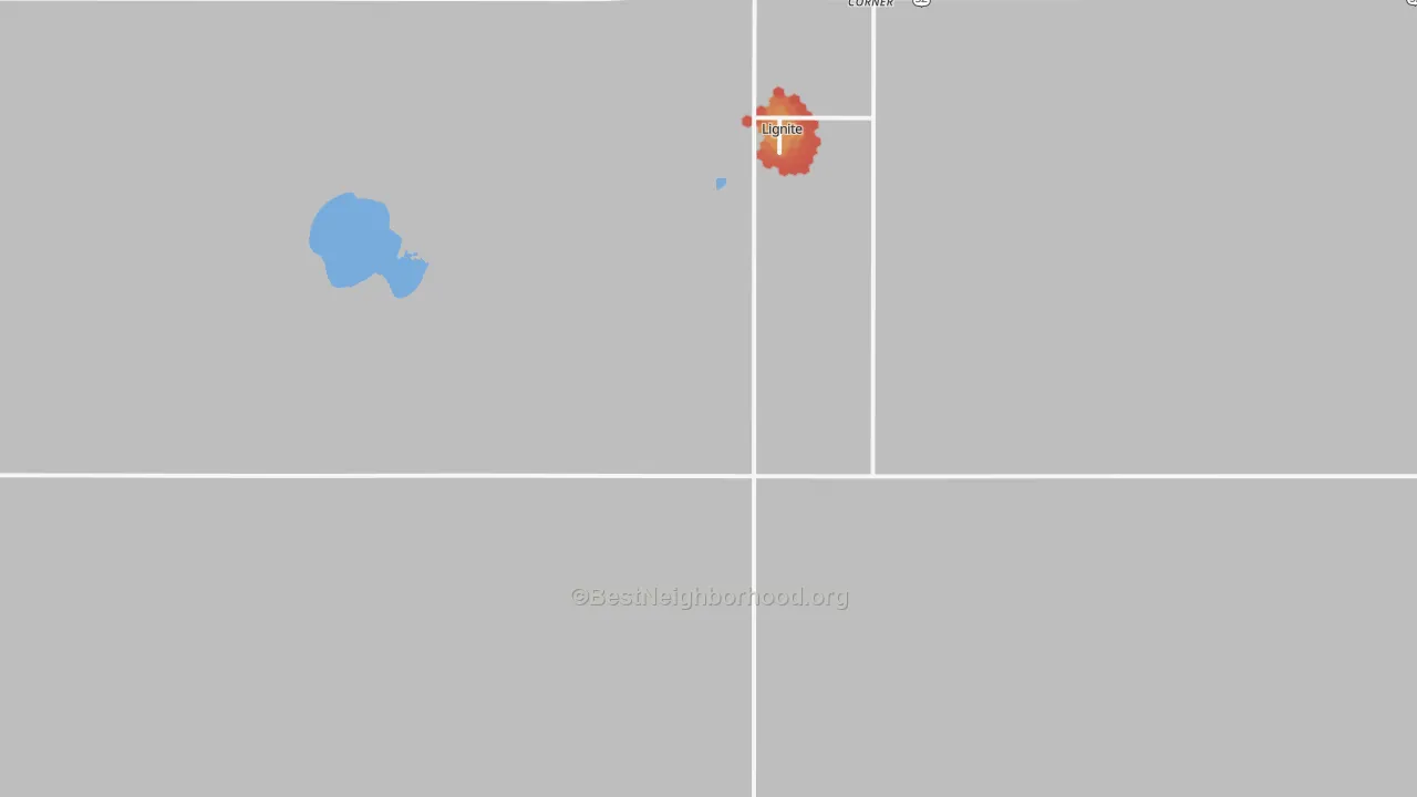 Walk Grade map of Lignite, ND, walkable areas in green and car-dependent areas in red