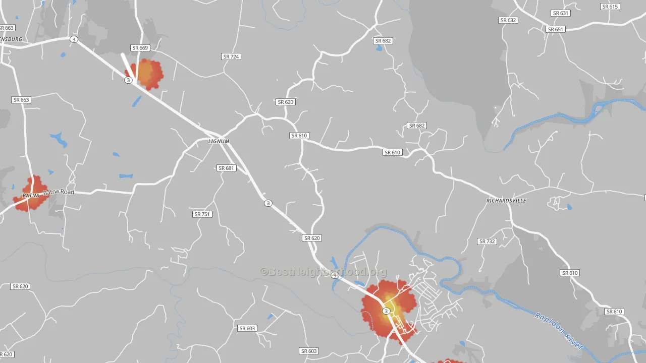 Walk Grade map of Lignum, VA, walkable areas in green and car-dependent areas in red