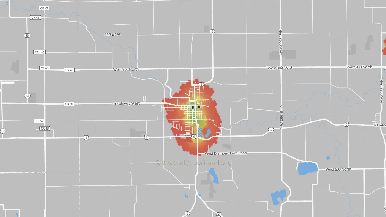 Walk Grade map of Ligonier, IN, walkable areas in green and car-dependent areas in red