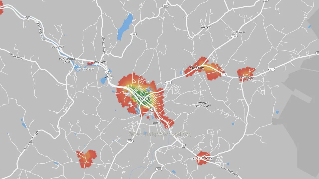 Walk Grade map of Ligonier, PA, walkable areas in green and car-dependent areas in red