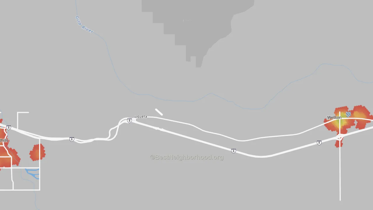 Walk Grade map of Ligurta, AZ, walkable areas in green and car-dependent areas in red