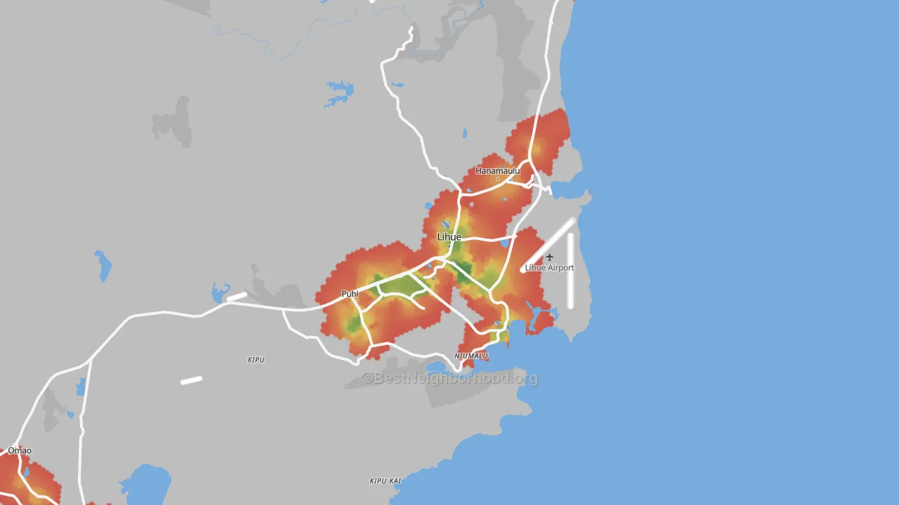 Walk Grade map of Lihue, HI, walkable areas in green and car-dependent areas in red