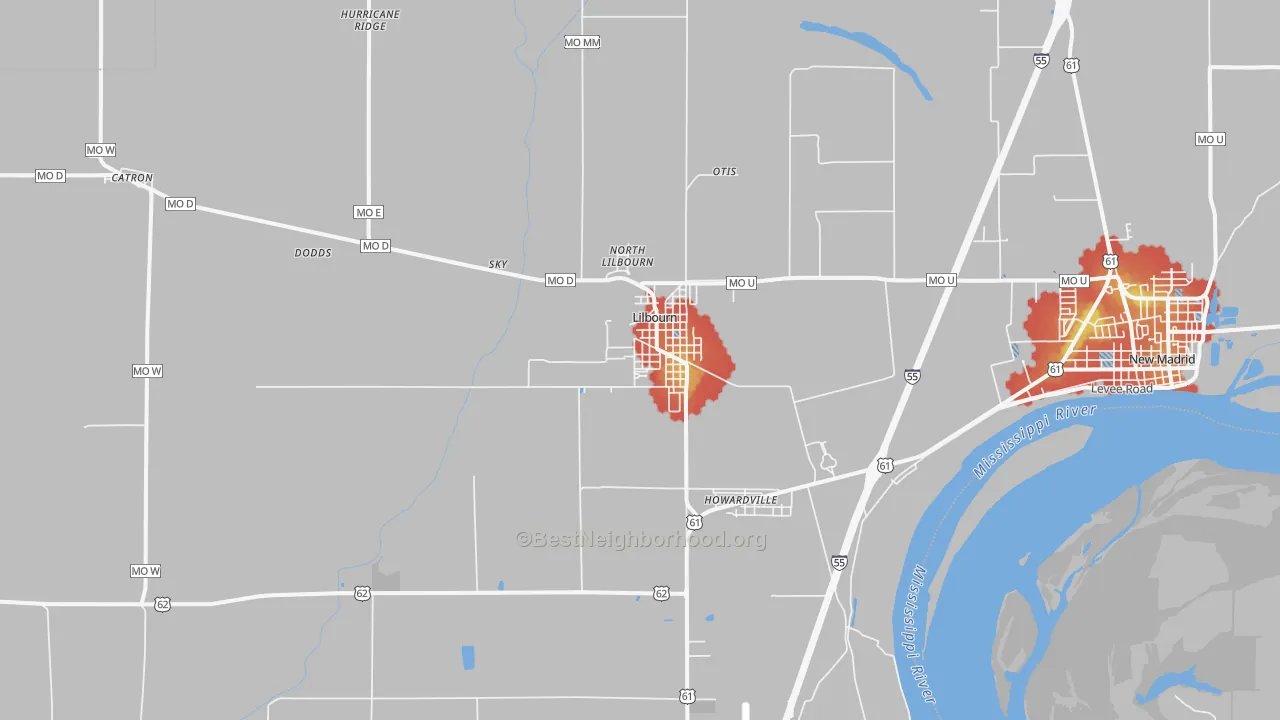 Walk Grade map of Lilbourn, MO, walkable areas in green and car-dependent areas in red
