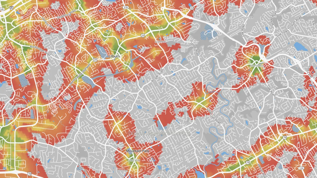 Walk Grade map of Lilburn, GA, walkable areas in green and car-dependent areas in red