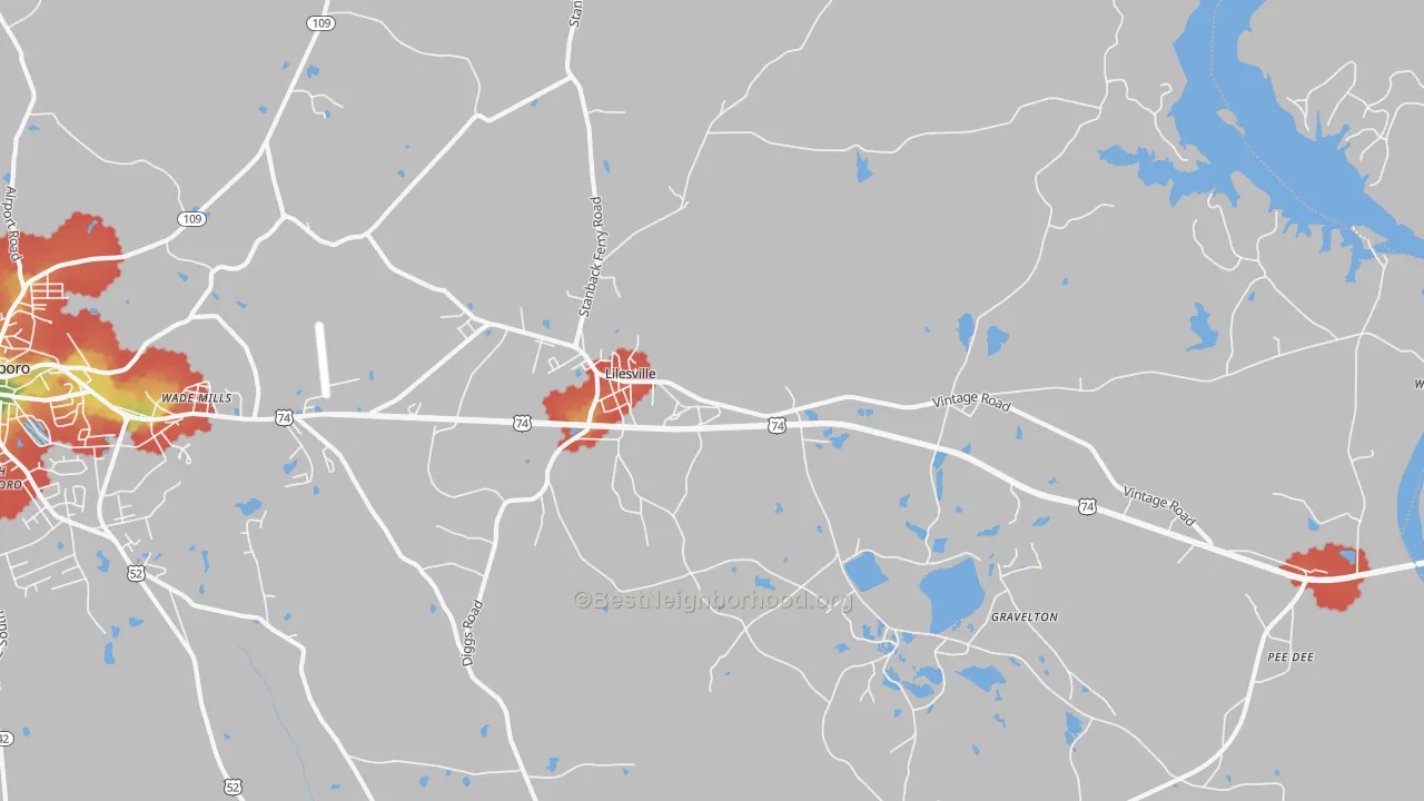Walk Grade map of Lilesville, NC, walkable areas in green and car-dependent areas in red