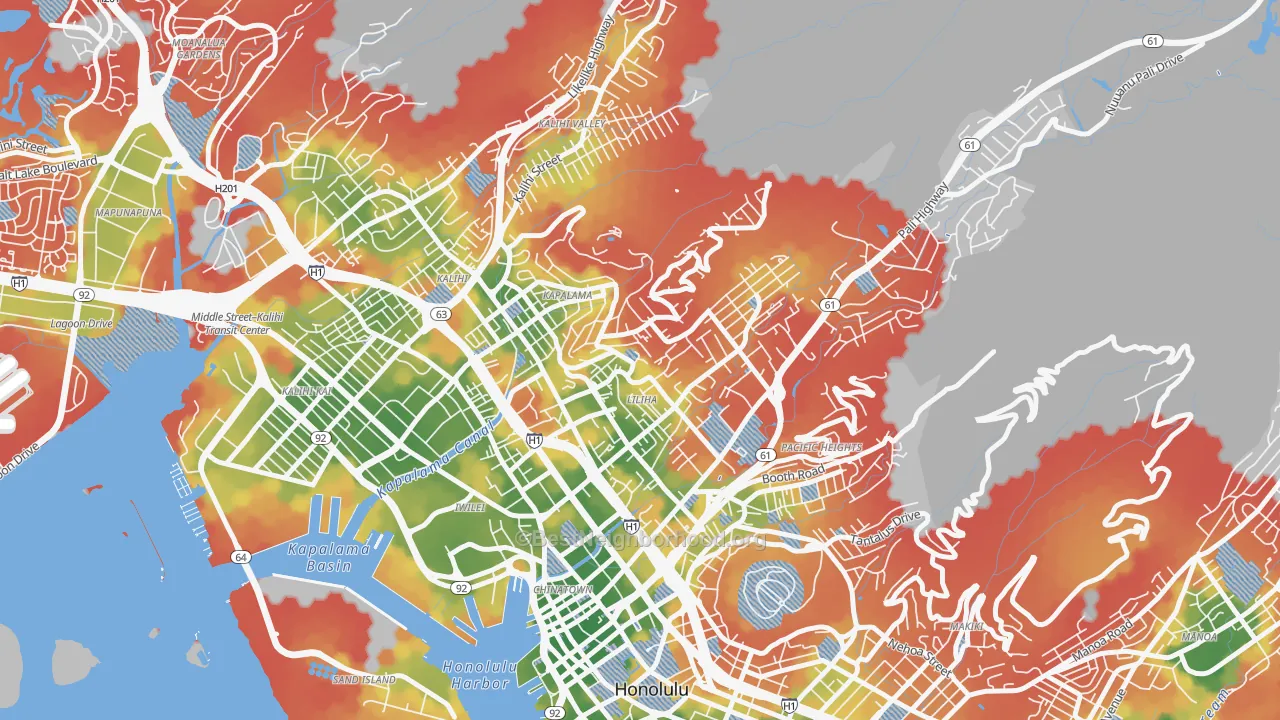 Walk Grade map of Liliha-Kapalama, Honolulu, HI, walkable areas in green and car-dependent areas in red