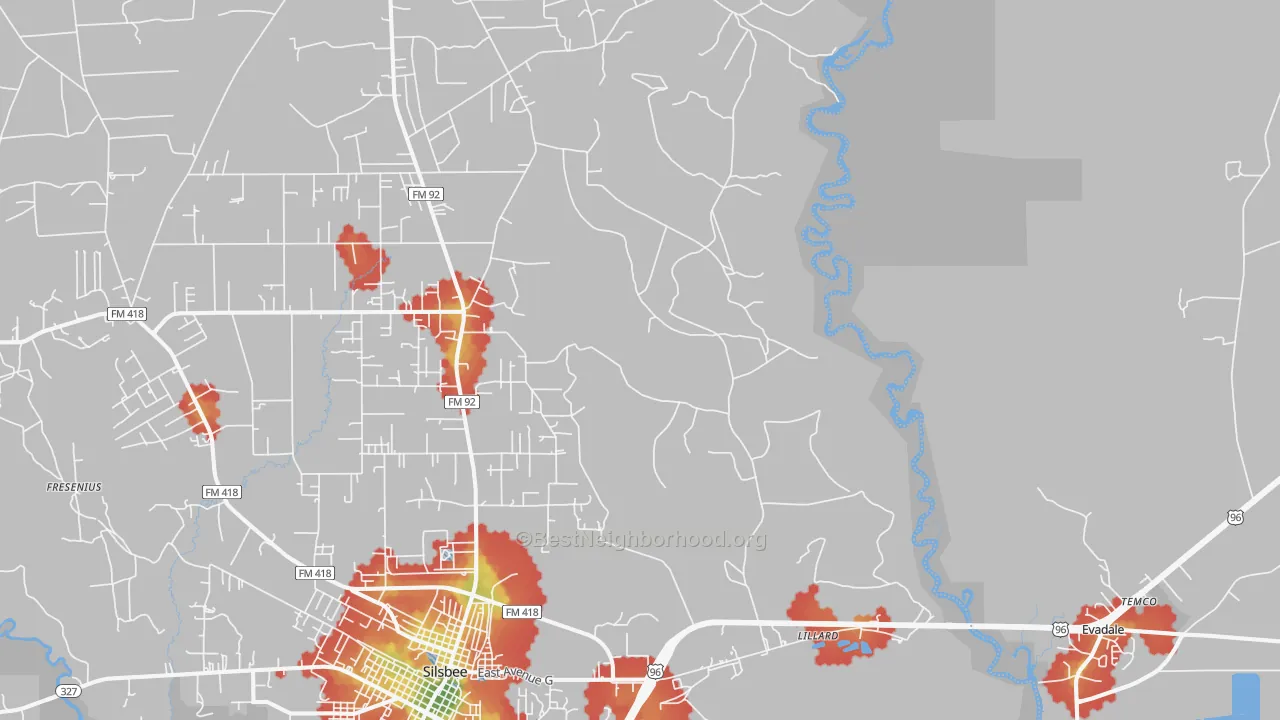 Walk Grade map of Lillard, TX, walkable areas in green and car-dependent areas in red