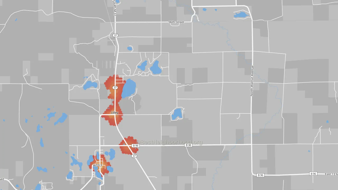 Walk Grade map of Lilley, MI, walkable areas in green and car-dependent areas in red
