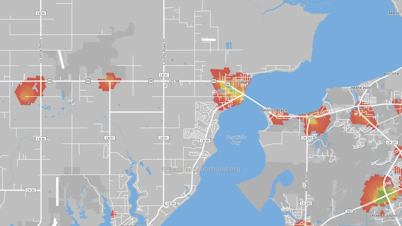 Walk Grade map of Lillian, AL, walkable areas in green and car-dependent areas in red