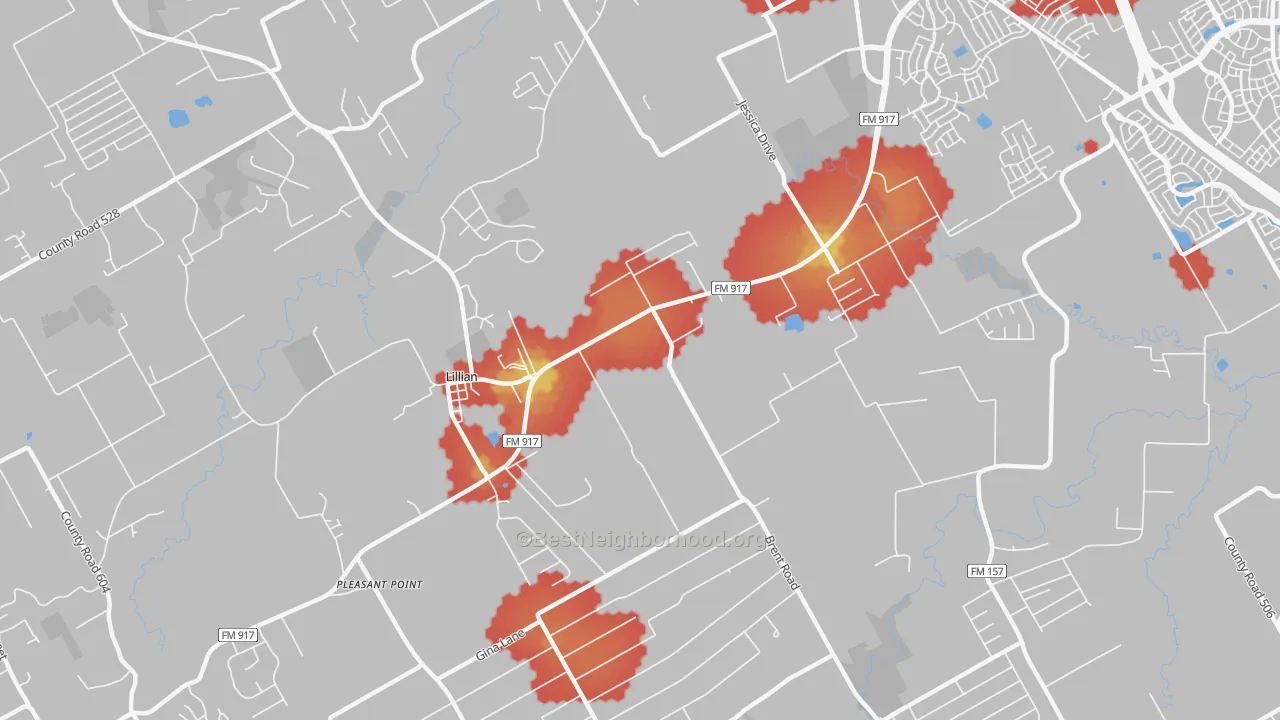 Walk Grade map of Lillian, TX, walkable areas in green and car-dependent areas in red