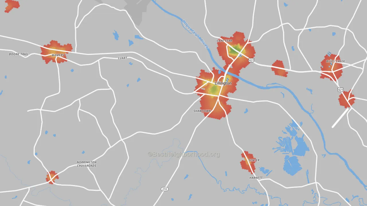 Walk Grade map of Lillington, NC, walkable areas in green and car-dependent areas in red