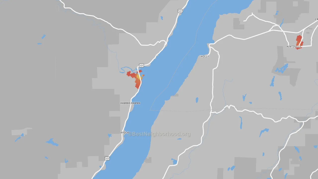 Walk Grade map of Lilliwaup, WA, walkable areas in green and car-dependent areas in red