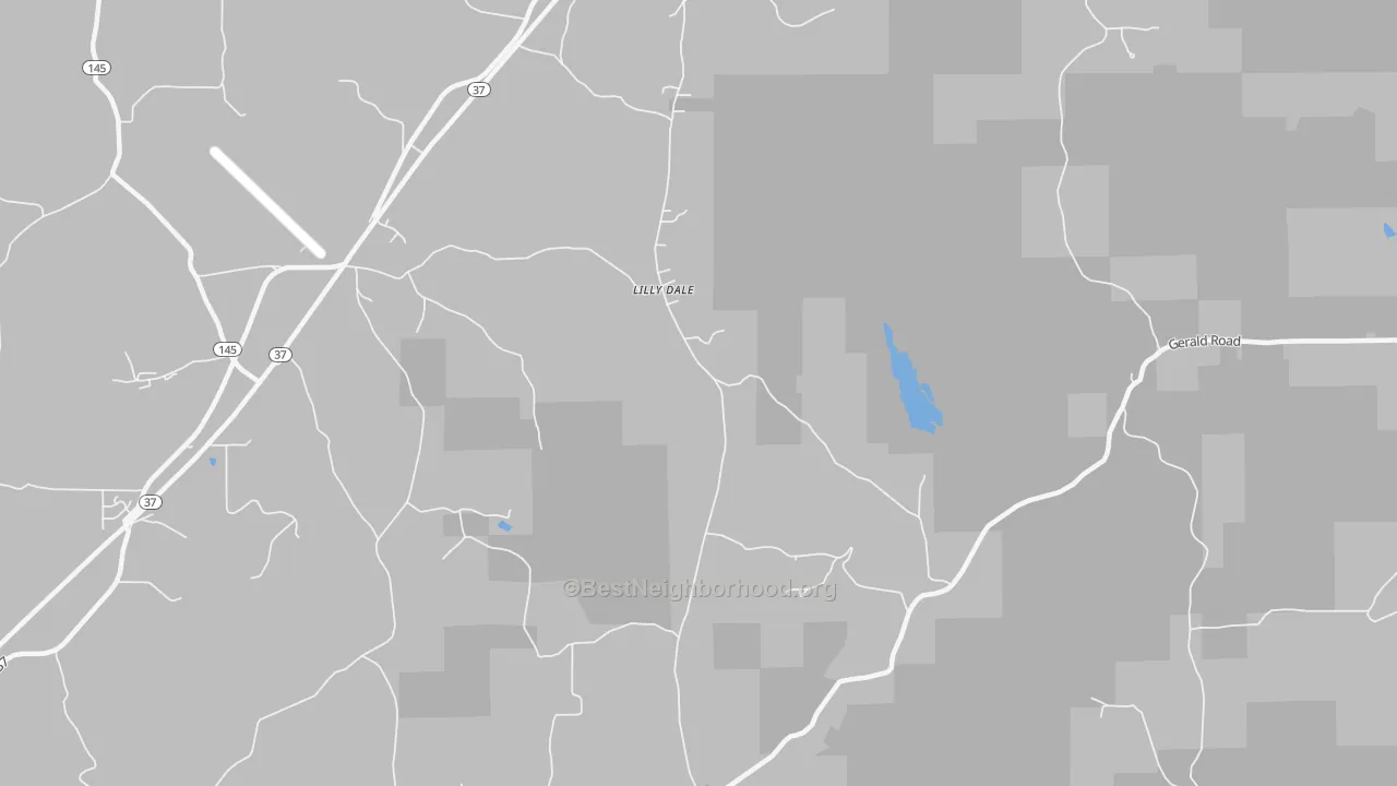Walk Grade map of Lilly Dale, IN, walkable areas in green and car-dependent areas in red
