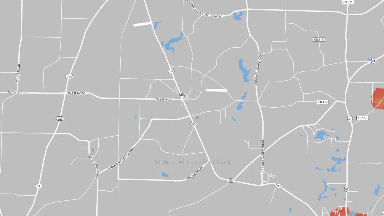 Walk Grade map of Lilly, GA, walkable areas in green and car-dependent areas in red