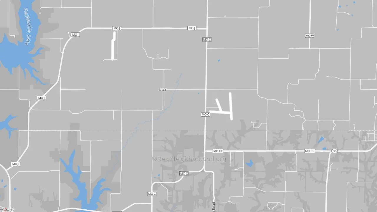 Walk Grade map of Lilly, MO, walkable areas in green and car-dependent areas in red