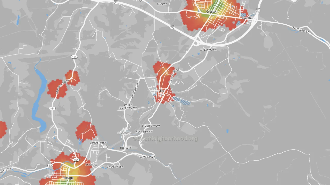 Walk Grade map of Lilly, PA, walkable areas in green and car-dependent areas in red