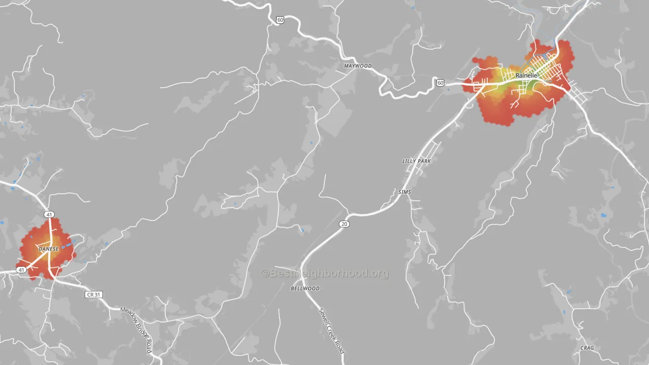 Walk Grade map of Lilly Park, WV, walkable areas in green and car-dependent areas in red