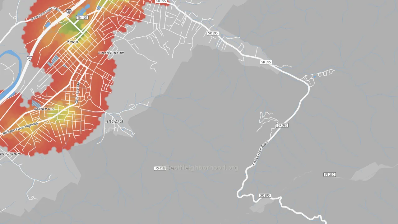 Walk Grade map of Lillydale, TN, walkable areas in green and car-dependent areas in red