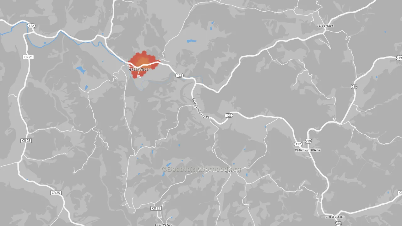 Walk Grade map of Lillydale, WV, walkable areas in green and car-dependent areas in red
