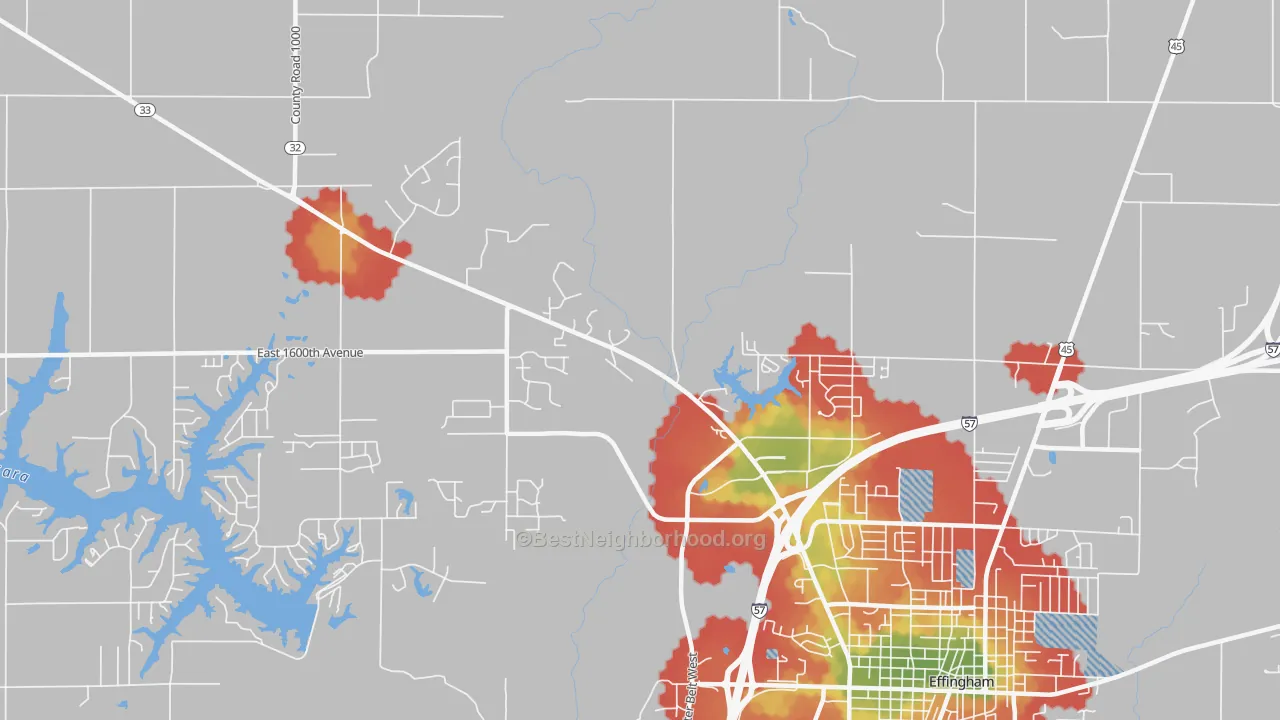 Walk Grade map of Lillyville, IL, walkable areas in green and car-dependent areas in red