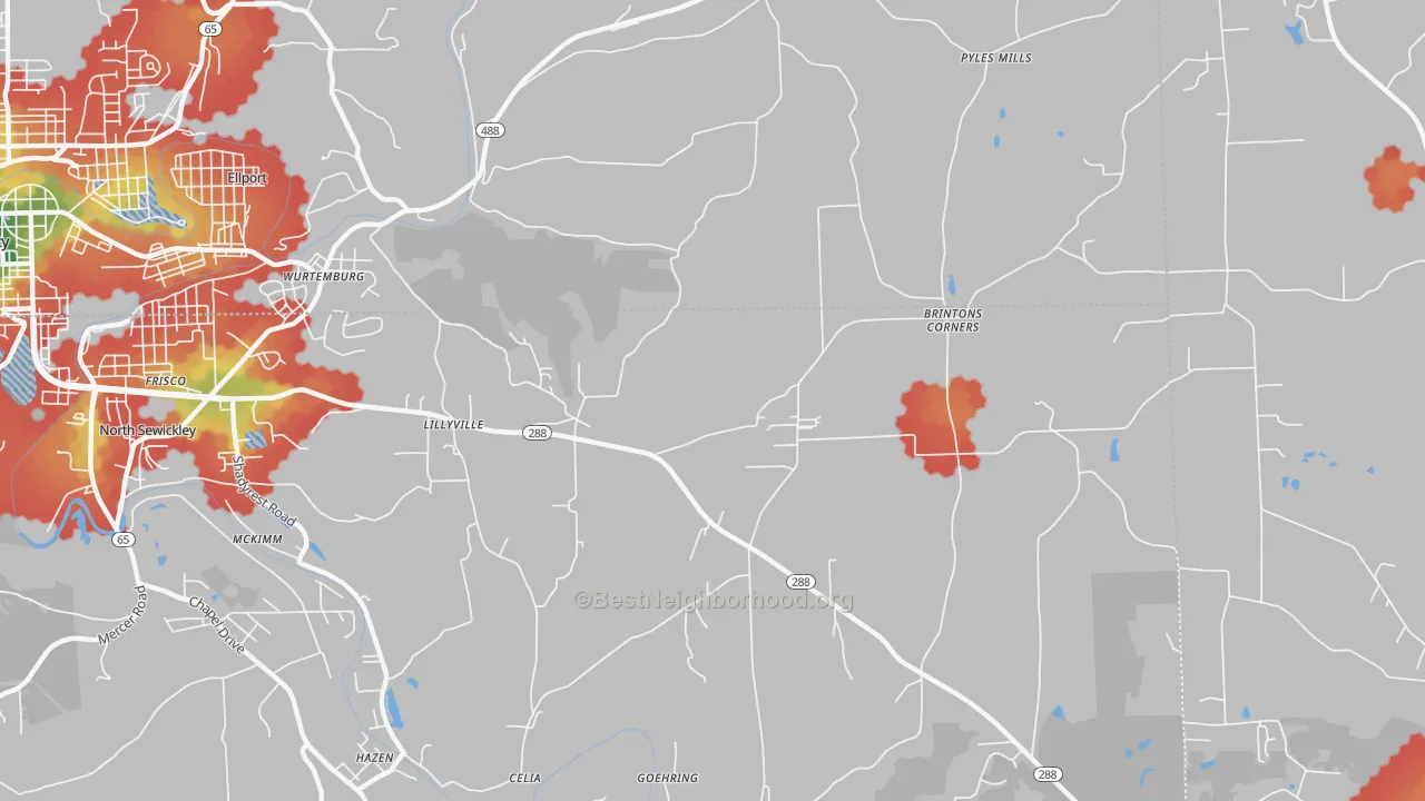Walk Grade map of Lillyville, PA, walkable areas in green and car-dependent areas in red