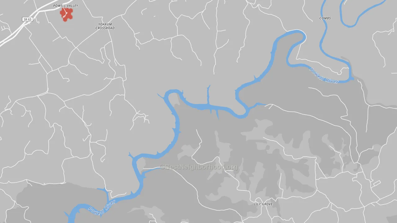 Walk Grade map of Lily Grove, TN, walkable areas in green and car-dependent areas in red