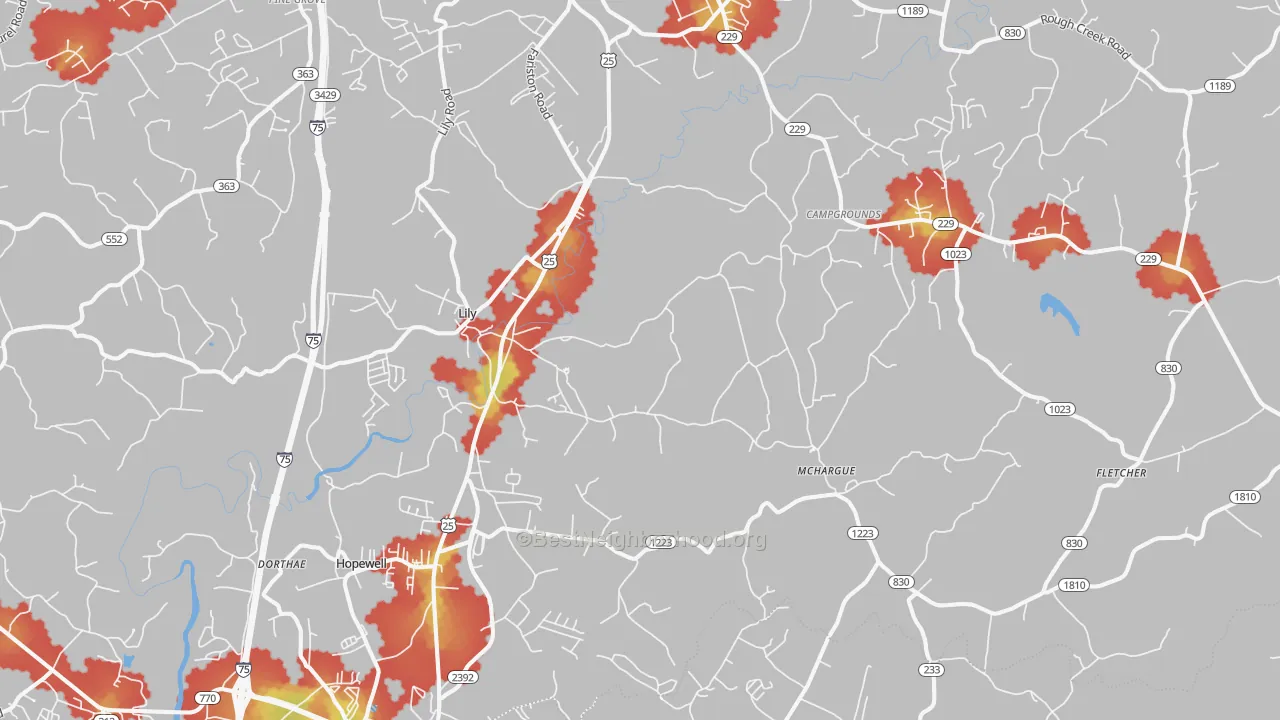 Walk Grade map of Lily, KY, walkable areas in green and car-dependent areas in red