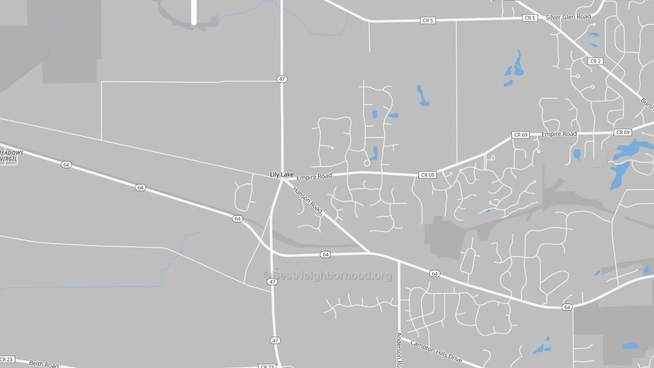 Walk Grade map of Lily Lake, IL, walkable areas in green and car-dependent areas in red