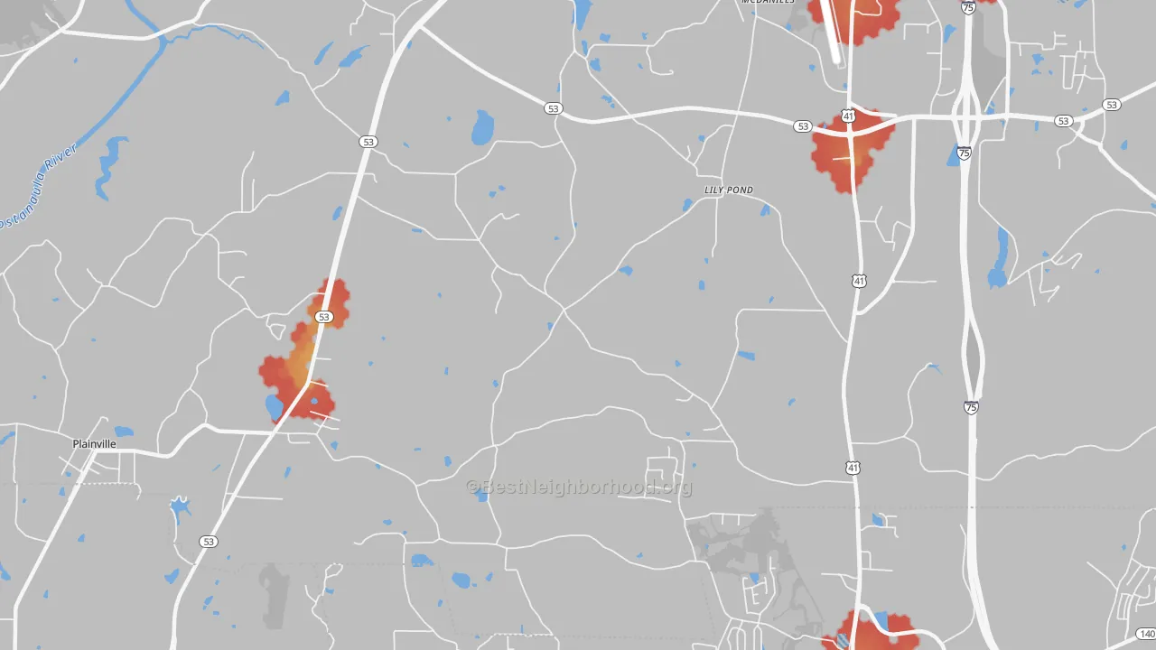 Walk Grade map of Lily Pond, GA, walkable areas in green and car-dependent areas in red
